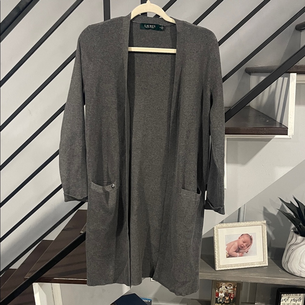 Lauren Ralph Lauren Open Front Long Sleeve Cardigan Pockets‎ Gray Classic Medium
